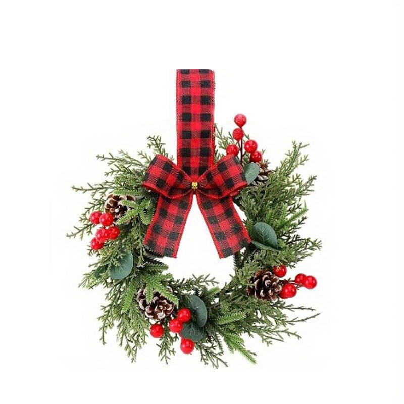 Artificial Christmas Wreath for Front Door Winter Greenery Wreath with Red Berries and Velvet Bow for Holiday New Year Decor