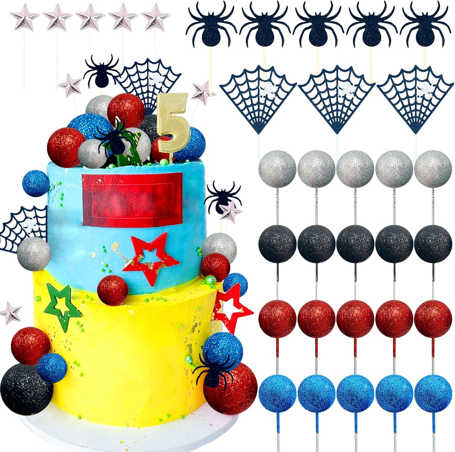 

33 PCS Spider Birthday Cake Decoration Superhero Party Favors Cupcake Cake Decoration Spider Cake Decoration