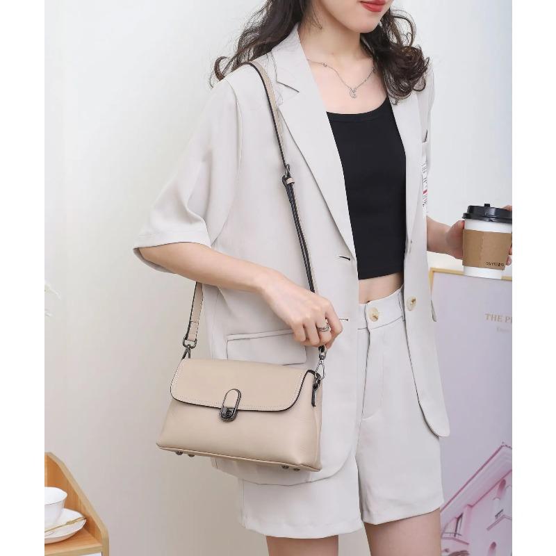 Full-Grain Leather Women's Underarm Square Bag - Lock Closure Single Shoulder Purse, Minimalist Multi-Pocket Crossbody for Work