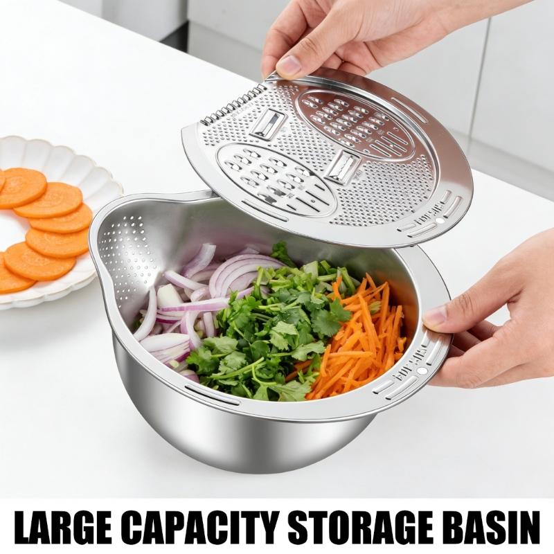 Steel Rice Washer Bowl with Side Drain Holes And Integrated Grater Small Colander for Cleaning Vegetable Bean Kitchen