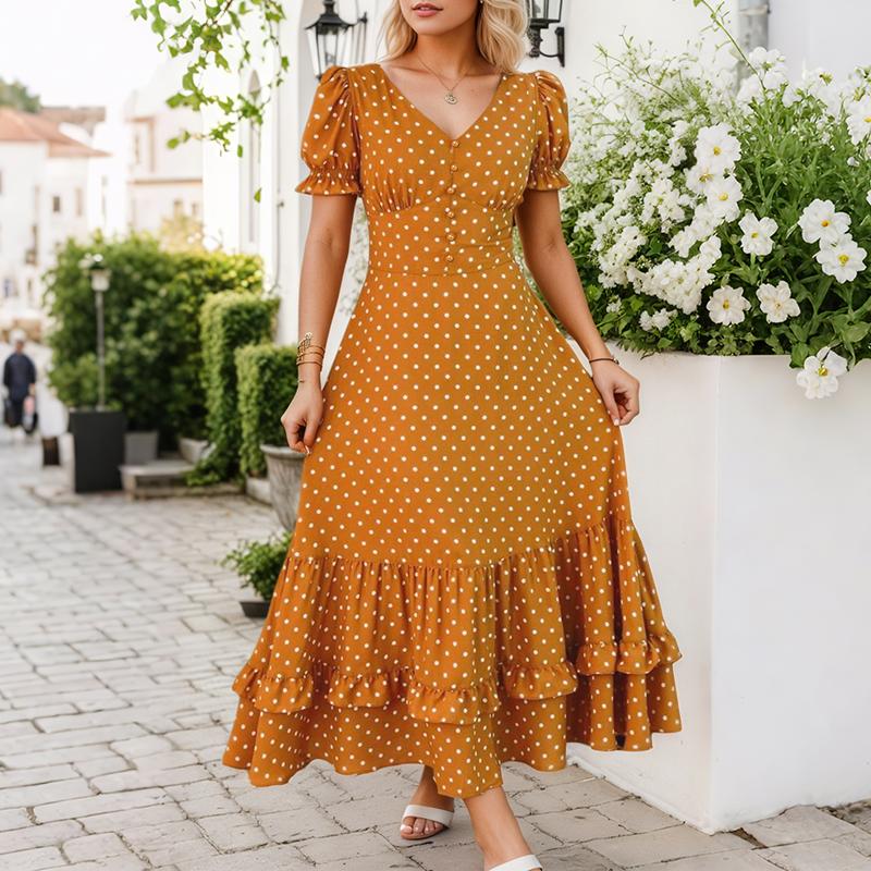 

ZANZEA Women Casual V-Neck Short Sleeve Summer Polka Dot Print Dress S помаранчевий