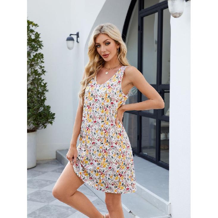 Letní Jarní Tištěné Bez ramínek Ležérní Volné Šaty ke kolenům Bez rukávů Výstřih do V Polyesterové vlákno Široký Pas Večerní šaty