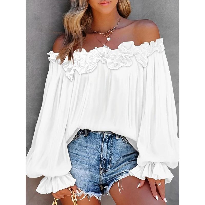 Women's Casual Off-shoulder Ruffled Sleeves Solid Color Loose Large Size T-shirt Clothes Sale