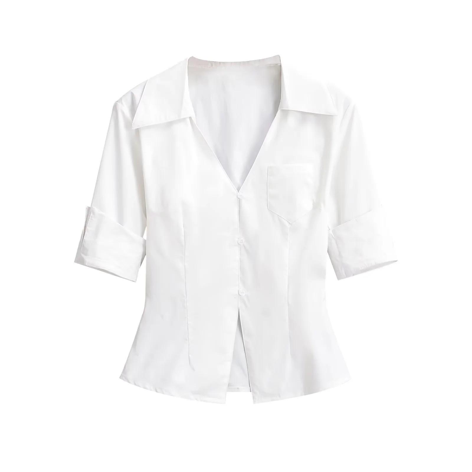 

Весна 2025 Рубашка с V-образным вырезом на пуговицах, пикантная в стиле ретро, приталенная, с рукавами пять четвертей Small белый