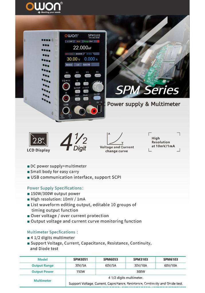 OWON Lili Pu SPM Series Programmable DC Power Supply & 4.5-Digit Multimeter (Models: 3051, 3103, 6103)