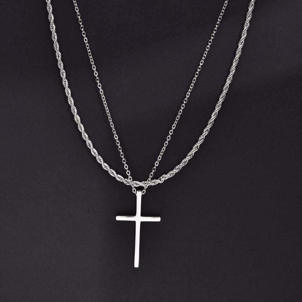 Men Double Layered Chain Cross Charm Pendant Necklace, Stainless Steel Stacking Set Choker Collar Gifts To Him