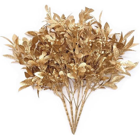 PASYOU Fake Leaves Plants for Christmas Decor, Gold Artificial Shrubs Grass Foliage Plastic Bulk Leaf Indoor Outdoor Home Garden Party Hotel Verandah