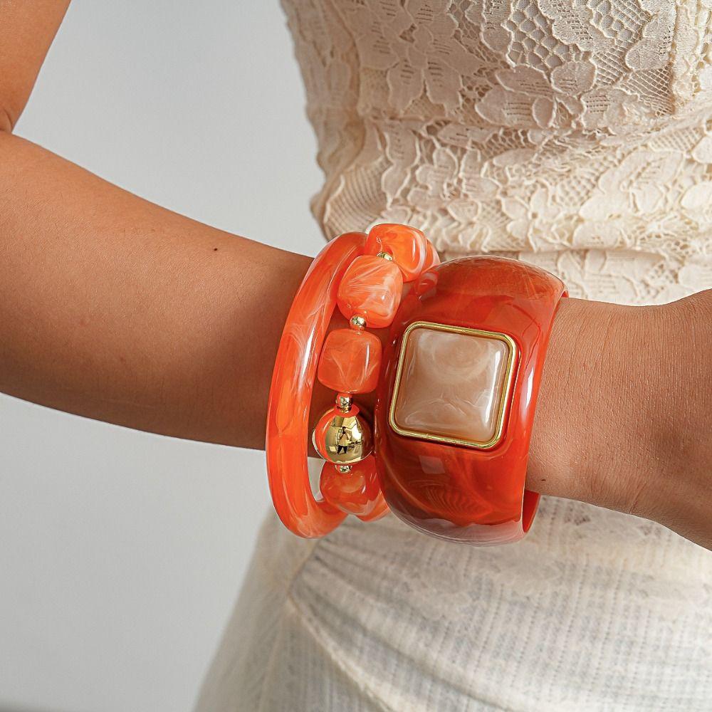 3 Pcs/Set Square Round Resin Bangle Set Resin Acrylic Geometric Wrist Jewelry For Women