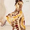 Women Plus Size Round Neck Short Sleeve Colorful Printed A Line Long Dress