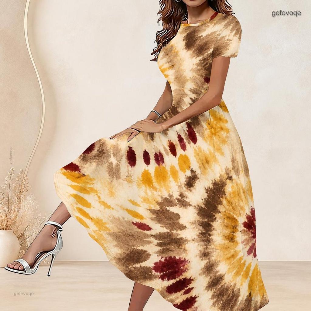 Women Plus Size Round Neck Short Sleeve Colorful Printed A Line Long Dress