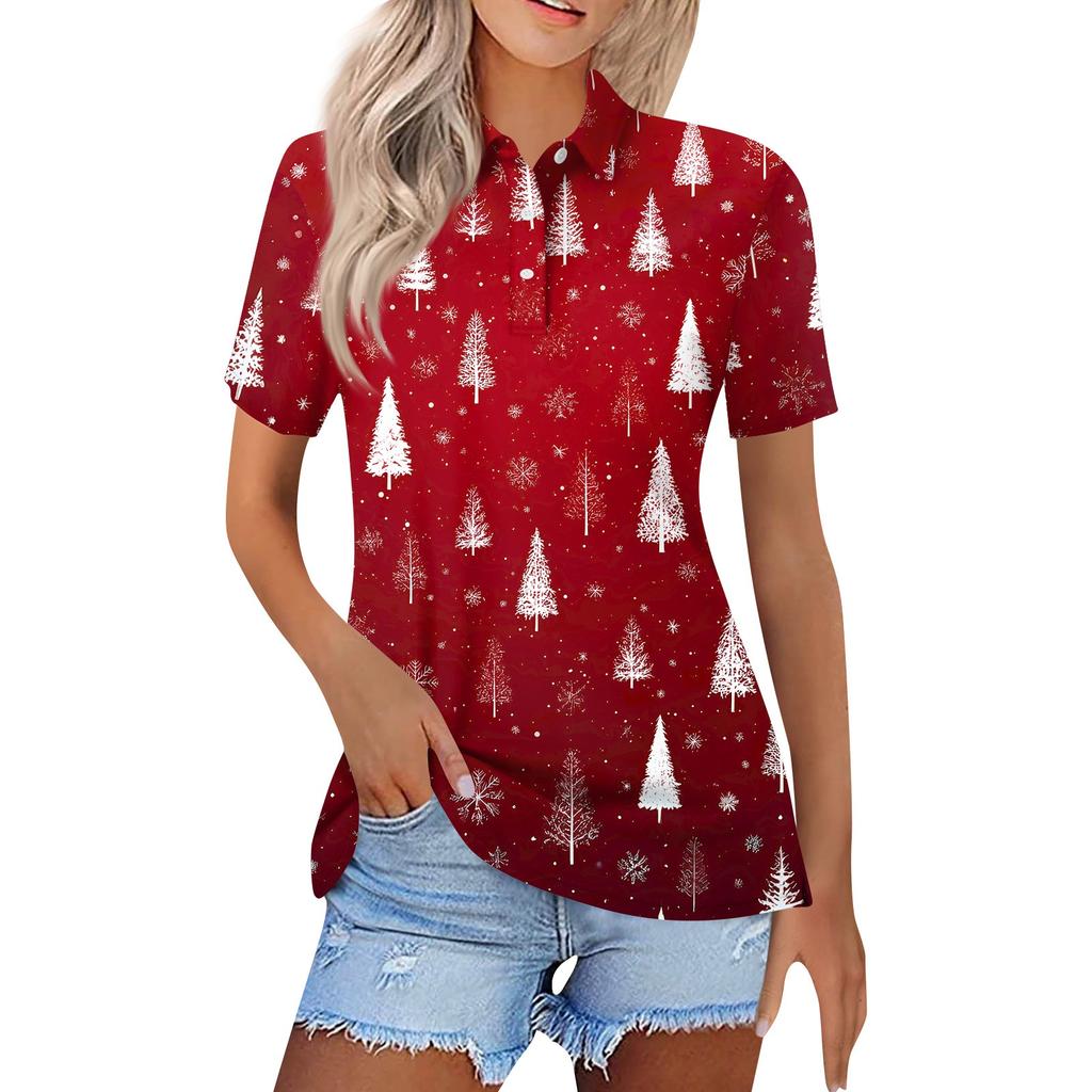 Dámská móda Ležérní klopa Krátký rukáv Vánoční potisk Košile Dámské knoflíkové topy