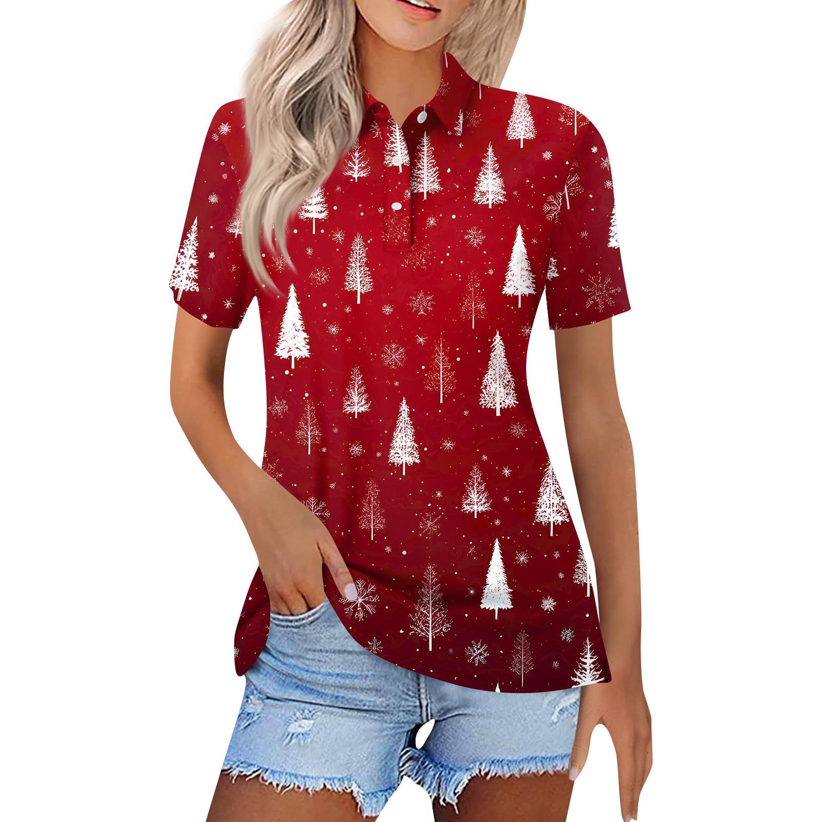 

Женская модная повседневная рубашка с лацканами и короткими рукавами с рождественским принтом, женские топы на пуговицах XL
