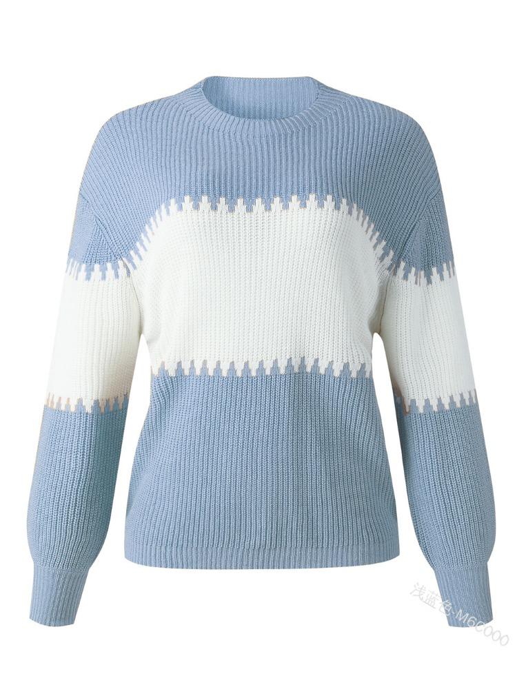 Contrast Colour Striped Knitted Sweater for Women Bell Sleeves Top Women's Round Neck Luxurious Relaxed-fit Slimming and Versatile Top