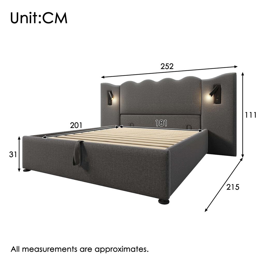 Upholstered Double Bed 180×200, Reading Lamp, USB Type-C Charging, Storage Bed Frame with Solid Wood and Metal Slats, Grey, Linen (Without Mattress)
