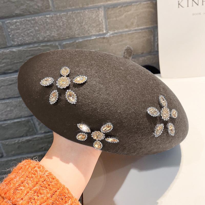 

Wool Beret Hat For Women With Flower Embellishments For Winter Style