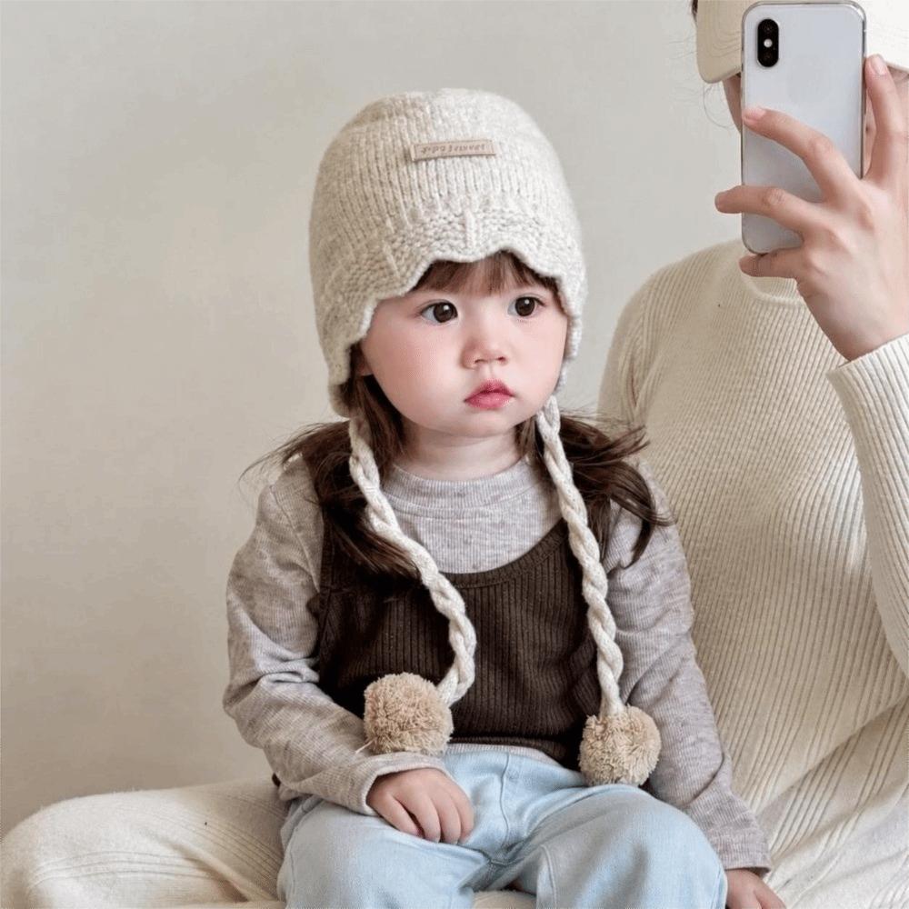 Pompom Earflap Hats Solid Color Windproof Beanie Soft Baby Knit Hat  For Kids