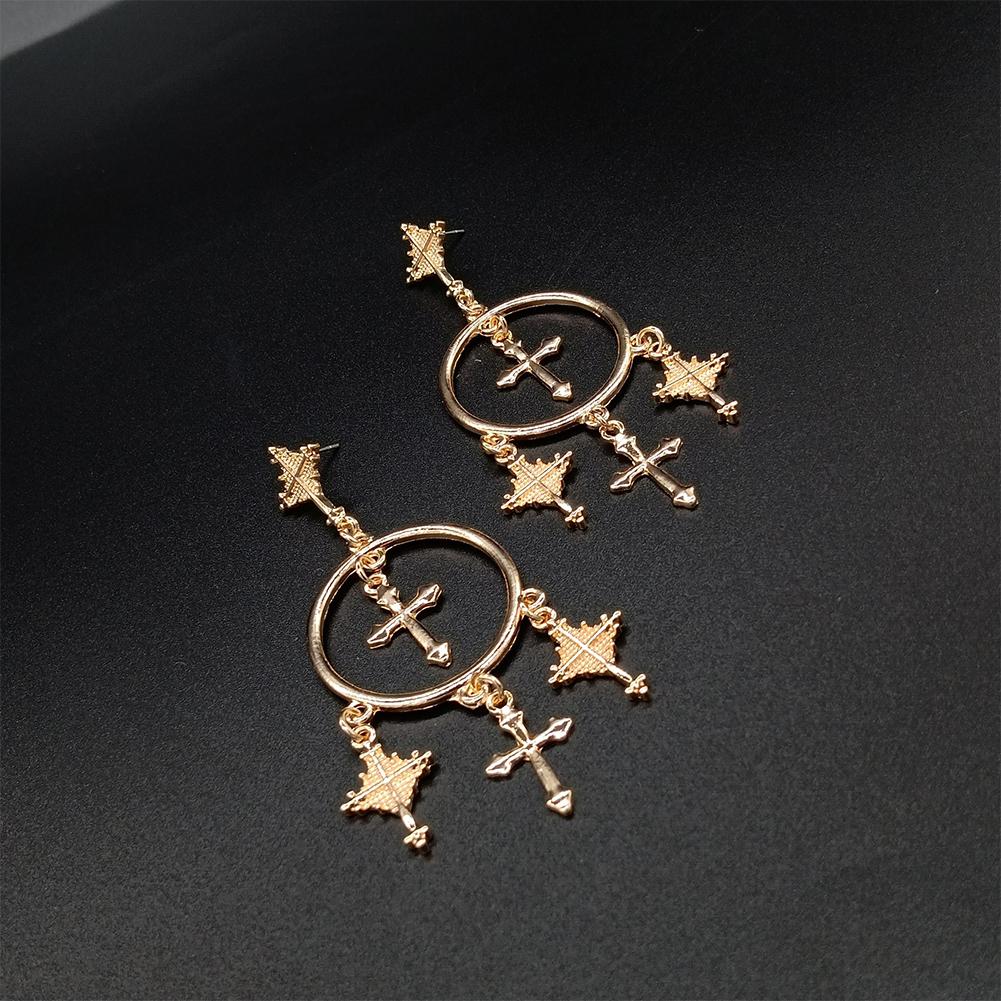 Women Metal Cross Design Earrings Long Alloy Engraved Delicate Earrings