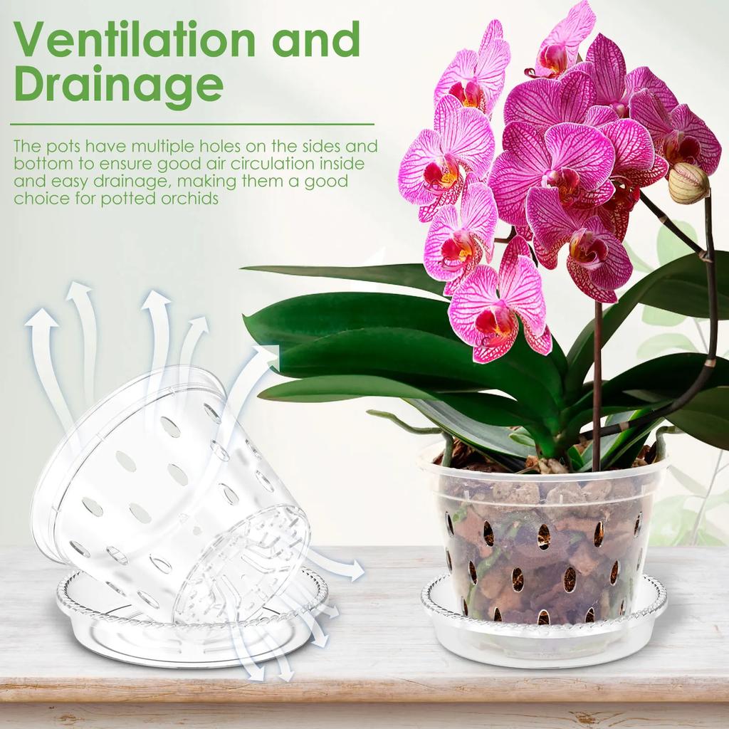 5Pcs Plastic Orchid Pot 4/5/6inch Transparent Slotted Orchid Pots with Holes and Saucers Breathable Flower Plant Pot for Nursery