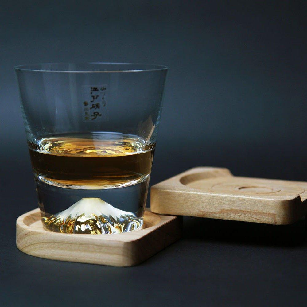 [Mt. Fuji Glass - Premium Gift Box] Mt. Fuji rock glass with a shimmering Mt. Fuji design at the bottom / Includes wooden coaster