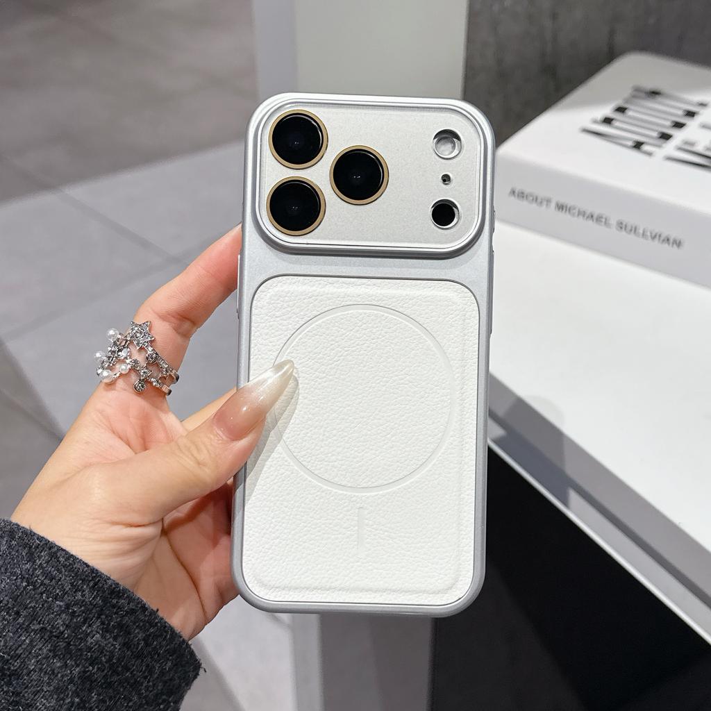 Matte Leder Magnetische Kabellose Lade Handyhülle Für iPhone 13 14 15 16 17 Pro Max Glaslinse Großes Fenster Schutzhülle