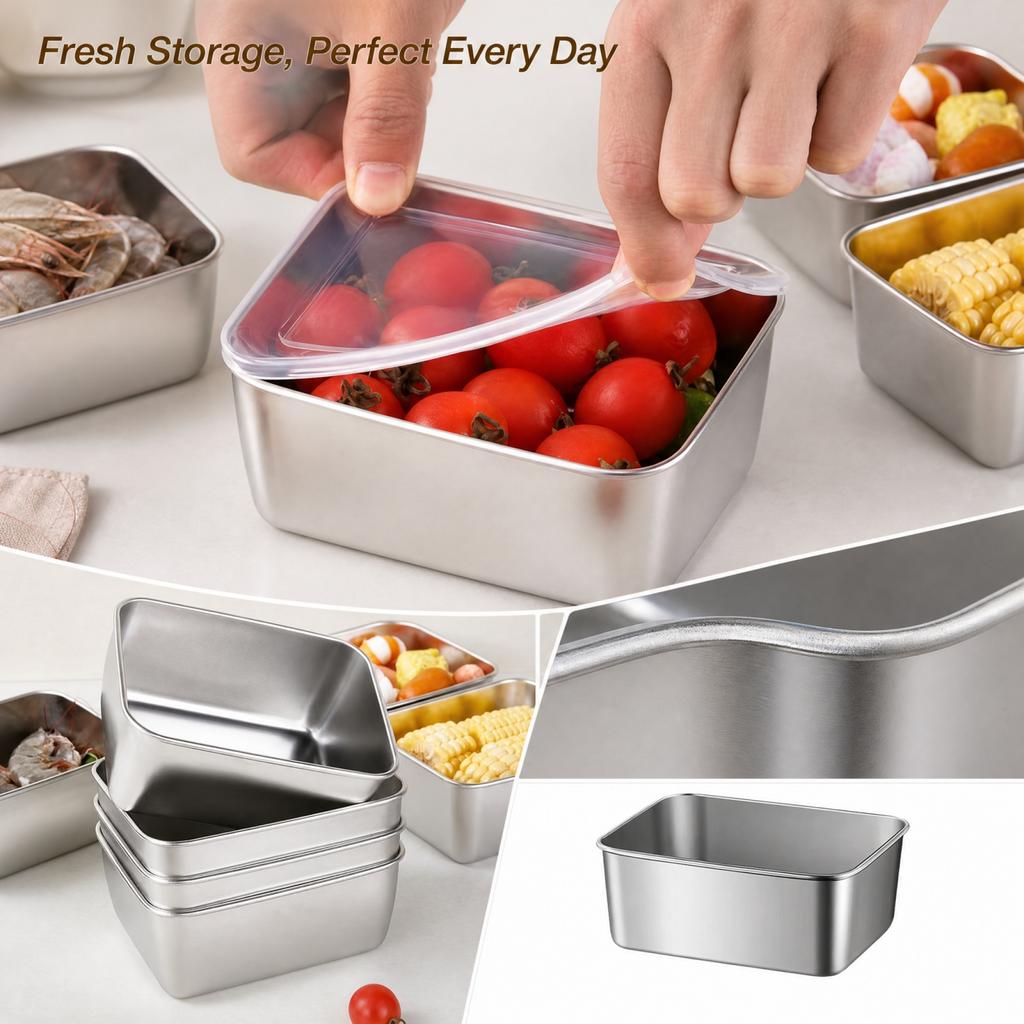 Stainless Food Storage Containers with, 6-Pack Rectangular Bento Boxes for Meal Prep, Picnic and Fridge Organization