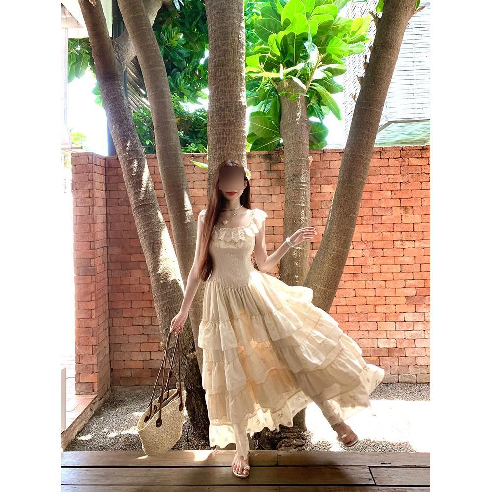 Xiaofei Sleeve Suspender Large Skirt Waist Seaside Holiday Super Fairy Medium and Long Cake Dress Dress Women's Lace Splicing