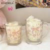 KEMORELA 1/2 ST Blomma Ros Rosett Mönster Glas 450ml Multifunktionell U-formad Handdiskbar Återanvändbar Glas Lämplig För Kaffe