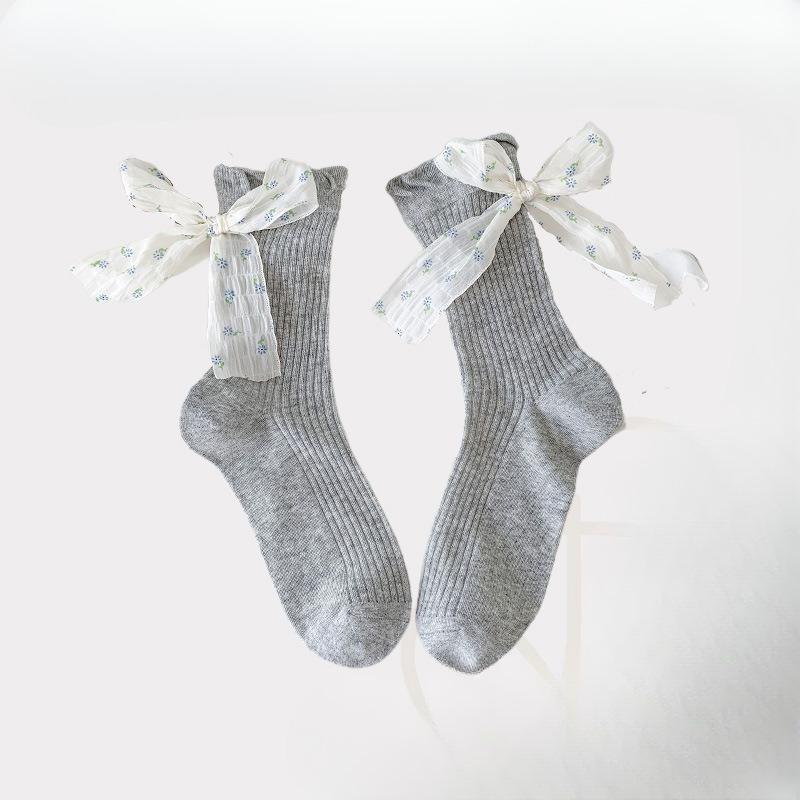 Floral Bow Mid-calf Socks for Women Spring and Summer, Thin Mesh Drawstring Women's Lace Pile Socks