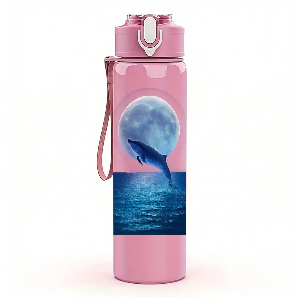 1PC Whale Moon Sea Night Scene Print 750ml Color Plastic Sports Water Bottle Leakproof Flip Straw Lid Suitable for Sports Office Home Use