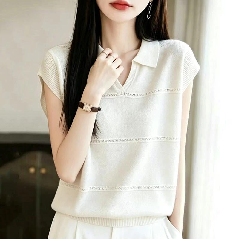 Women s Black Polo Collar Horizontal Hollow Out Stripe Sleeveless Knit Vest Top M