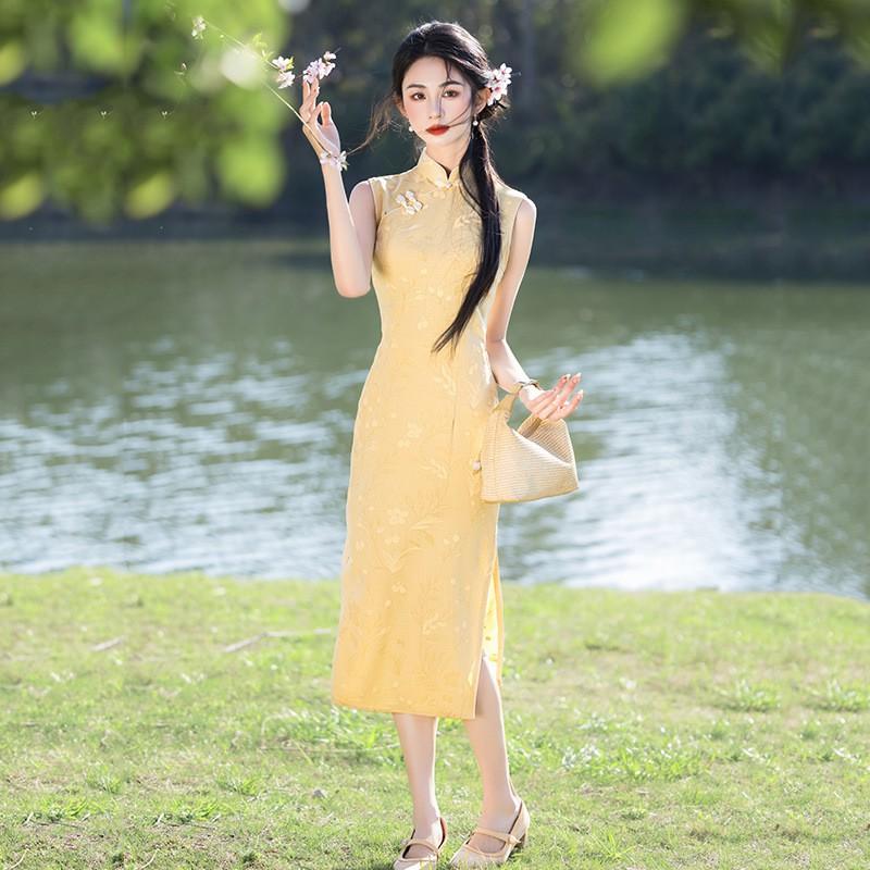 Long Sleeveless Cheongsam Dress In Yellow Vintage Chinese Style Slim Fit Bamboo Linen Blend 2025 Small