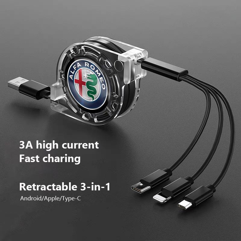 3 In 1 Fast Charger USB Data Cable Car Accessories For Alfa Romeo Giulia Stelvio Giulietta 156 159 147 Mito Tonale Brera Disco V