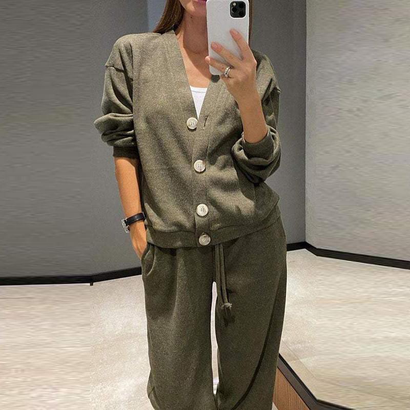 Fall and Winter New Fashion Single-breasted Casual Sports Suit Cardigan Top Lace-up Pants Two-piece Women's Clothing