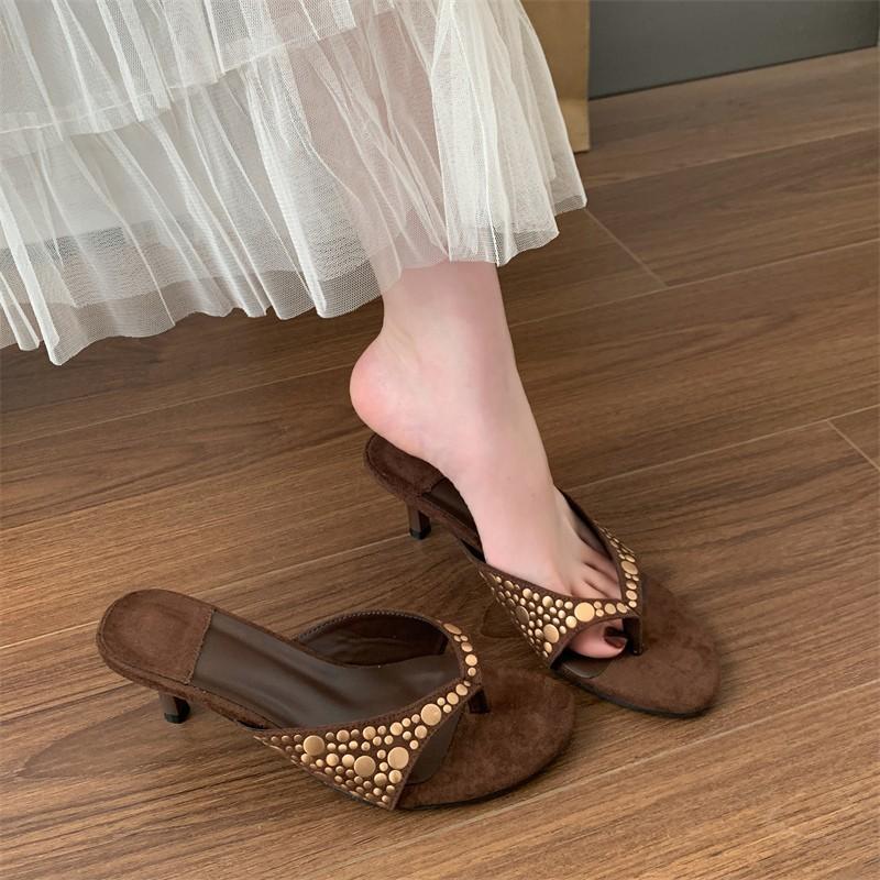 2025 Retro One-pedal Flip-flops Brown Pinch-foot Niche High-heeled Sandals