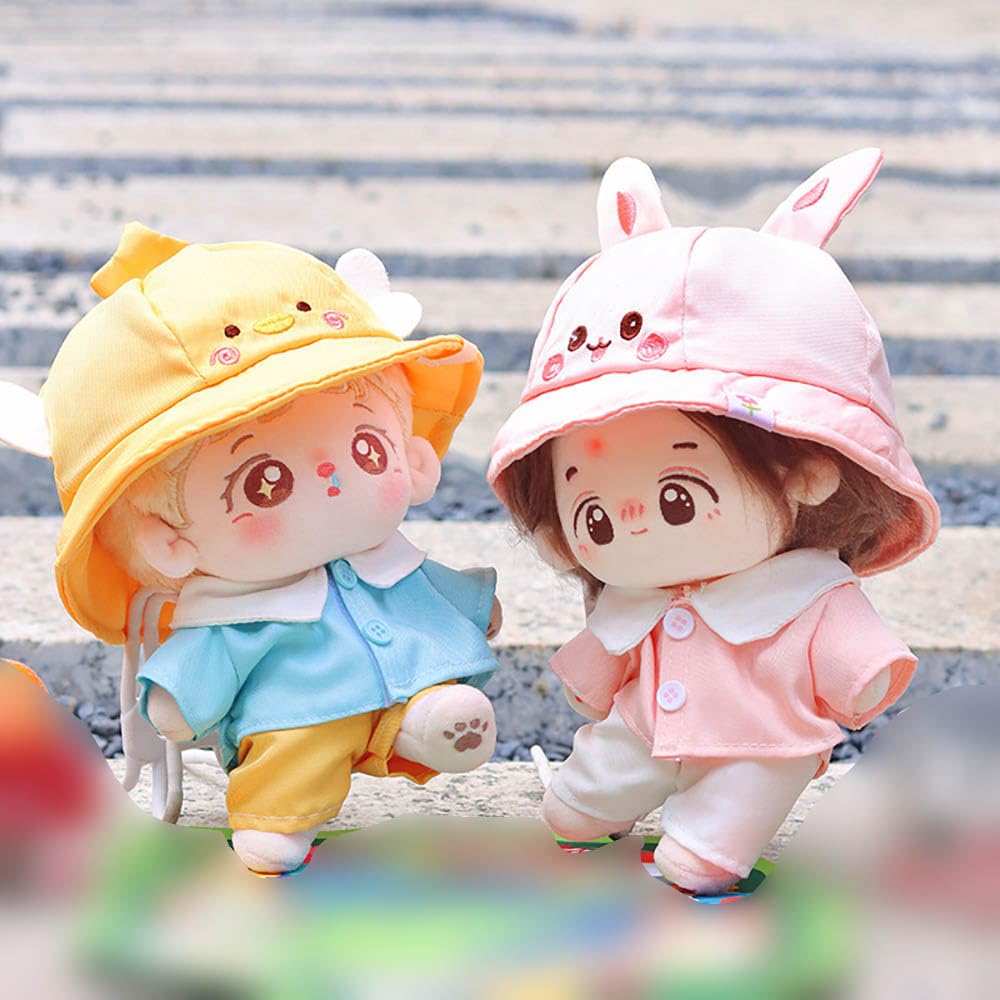 niannyyhouse 20cm Plush Toy with Pink Rabbit and Duck Hat, Shirt, and Pants, Preschool Set, Dress-Up Cotton Doll with Accessories (Yellow)