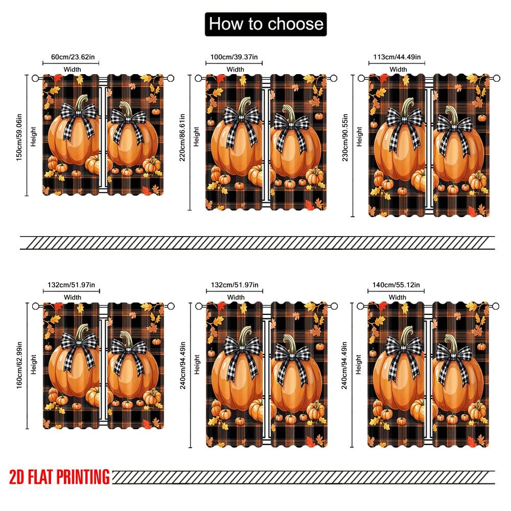 2D Flat Printing 2pcs Festive Autumn Thanksgiving Scene Curtains Fall Pumpkins Plaid Bow Maple Leaves Polyester Without