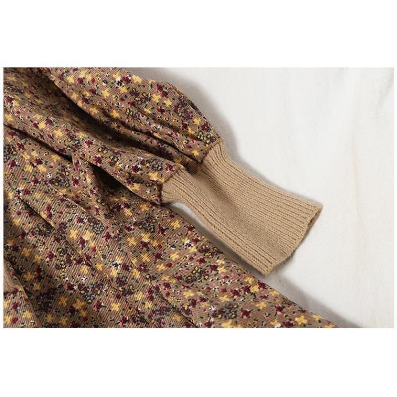 Damska jesienno-zimowa sukienka z paskiem w kwiaty, dzianinowa, sztruksowa, z łączonymi wzorami