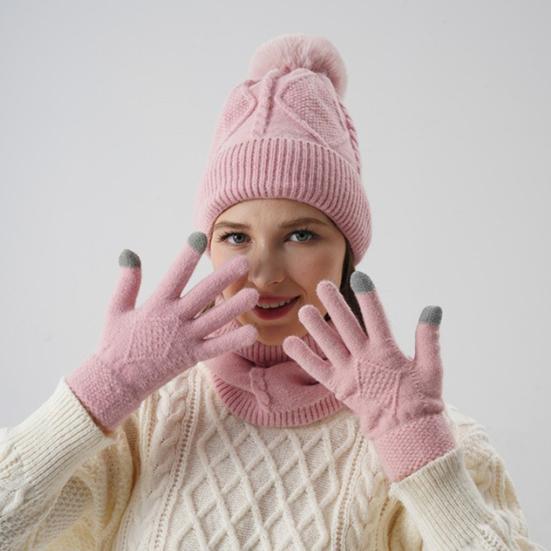 3Pcs/Set Women Hat Scarf Gloves Set Solid Color Design Twist Texture Thickened