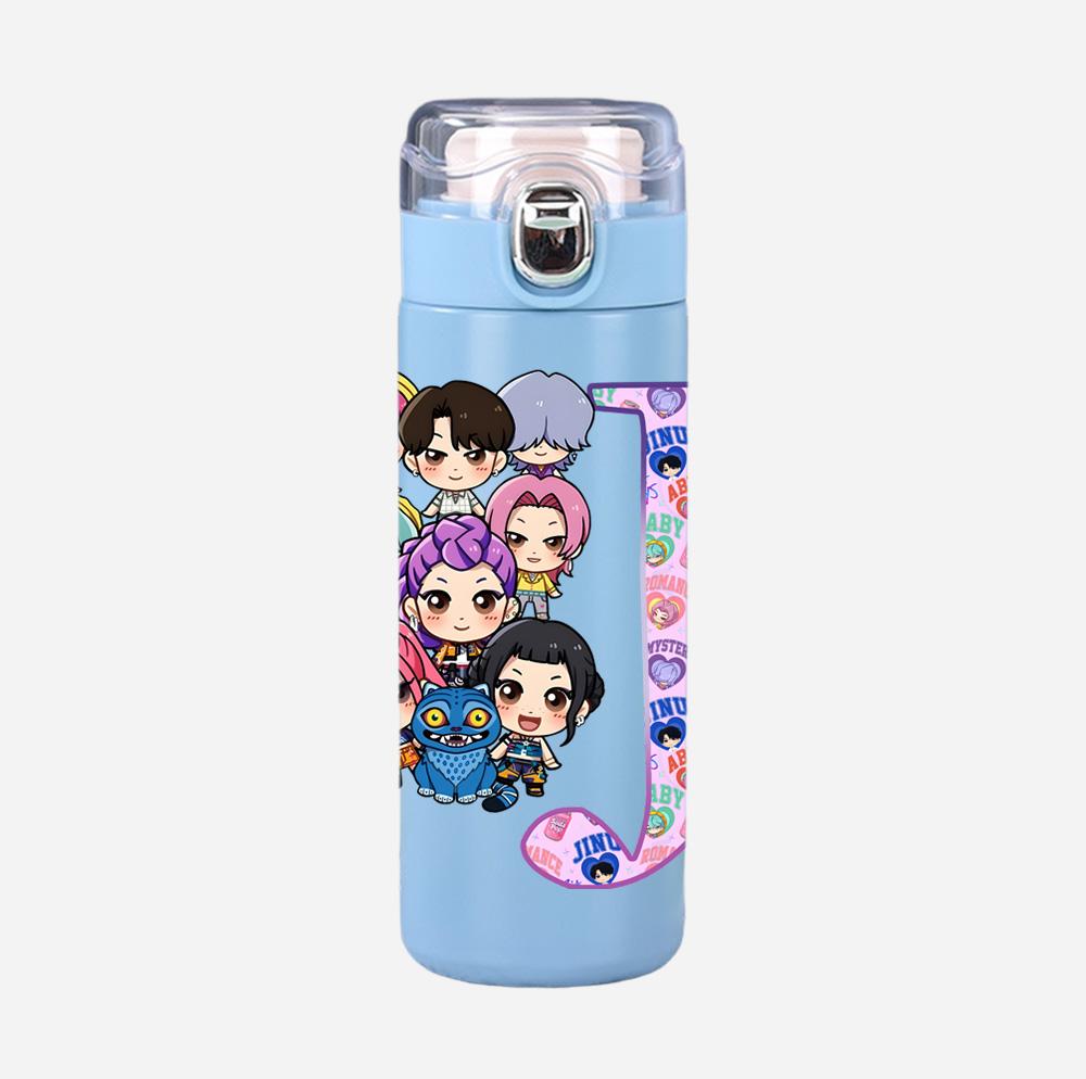 Anime K-Pop 26 English Letter Demon Hunters Printed 400Ml Water Bottle Thermos Cup Portable Stainless Steel Leak Proof Camping Water Cup Kid Gift