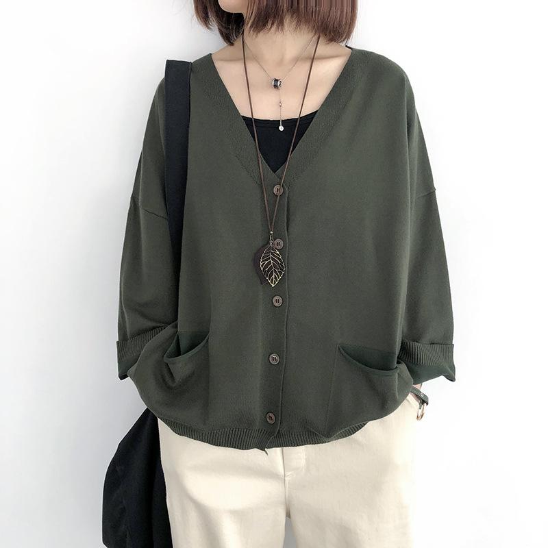 Loose Retro Knitted Cardigan Sweater Women's Thin Long-sleeved Korean V-neck Solid Color Jacket