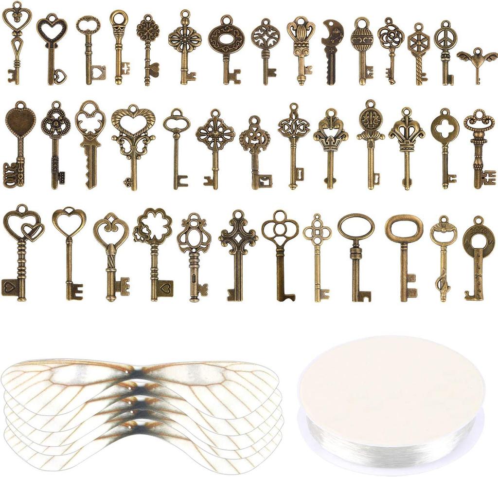 40 Vintage-Schlüssel, 40 Paar Flügel, 30er Größe Kristallfaden, Hochzeitsfeier Dekoration Zimmer Anhänger Set