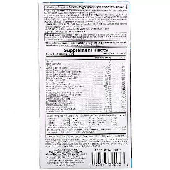 Nature's Plus- Source of Life, Power Teen, For Him, Sugar Free, Natural Wild Berry Flavor, 60 Chewable Tablets