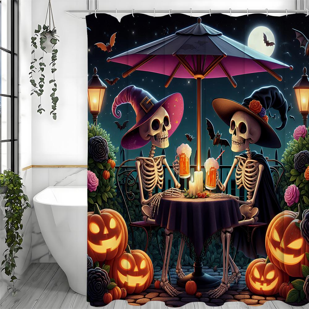 Halloween Skeleton Pumpkin Shower Curtain, Bathroom Decorative Shower Curtain, Waterproof Shower Curtain with Hooks
