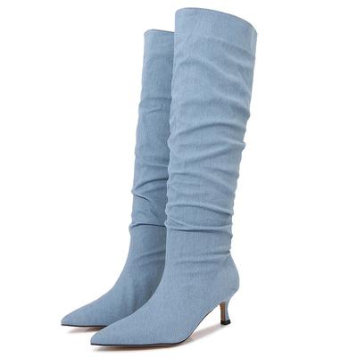Sexy Ladies Jeans Over the Knee Boots Pointed Toe Thin High Heels Denim Long Botas Mujer Pleated Blue Jeans Botines Big Size 43