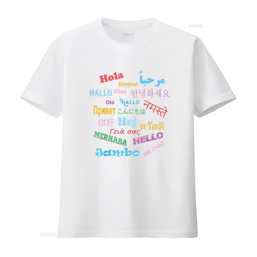 Hello Word In Different Languages Travel and Teacher T Shirt Vintage Washed Casual Soft Streetwear Fashion Stretched Unisex