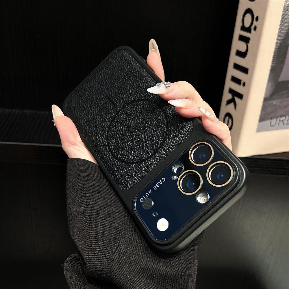 Lychee Pattern Magnetic Snap iPhone16/17Pro Case with Large Lens Protector