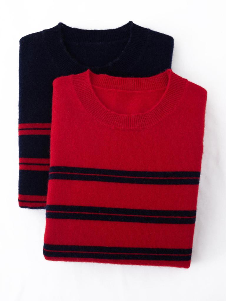 Women's 100% Pure Wool Color Block Stripe Round Neck Sweater - Warm, Casual Knitwear for New Year