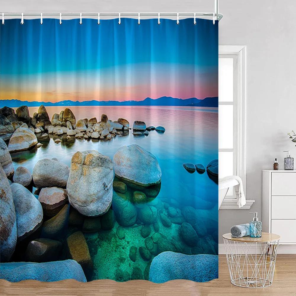 Seaside Beach Shower Curtains Summer Vacation Coconut Trees Seascape Sea Scenery Bathroom Decorations Polyester Bath Curtain