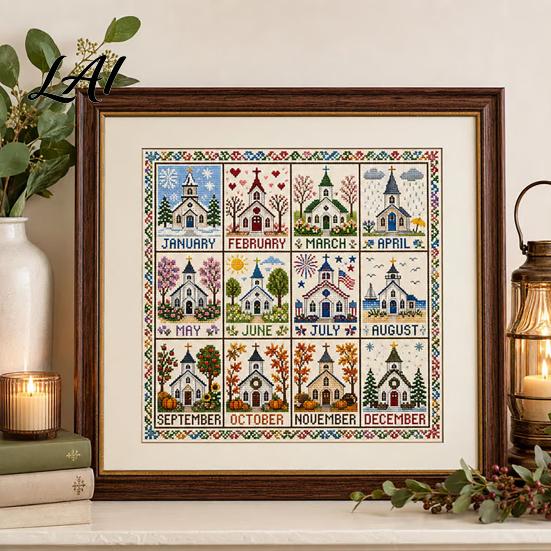 Farmhouse Style Embroidery Decor 12-Month Cross Stitch Kit DIY Four Seasons Seasonal Gift Idea for Enthusiasts Stamped Stitching Craft Set Beginners,