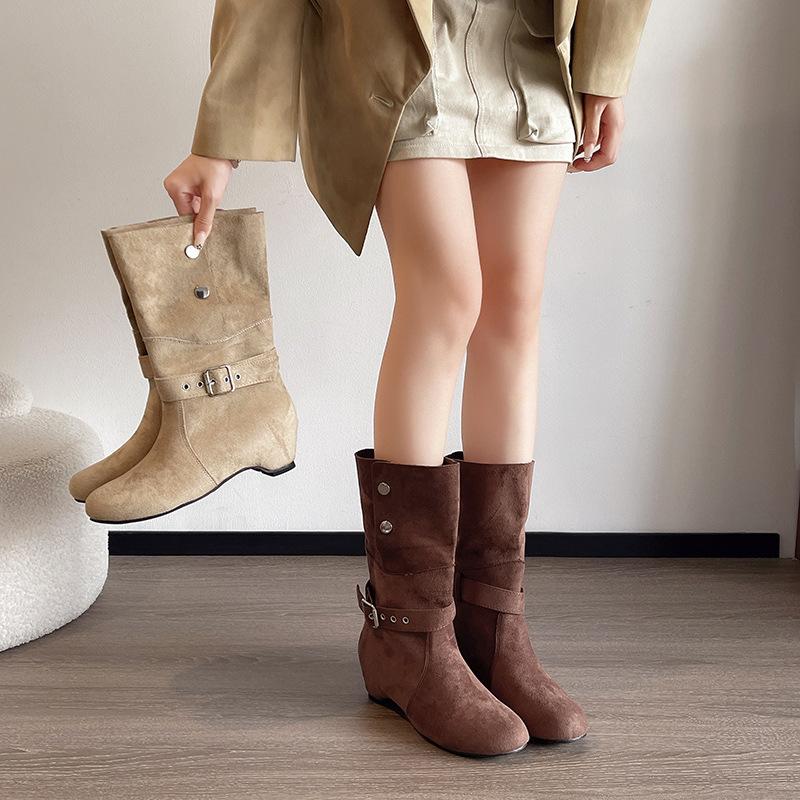 Suede retro belt buckle thick heel western cowboy boots women's spring and autumn new fashion versatile fashion boots